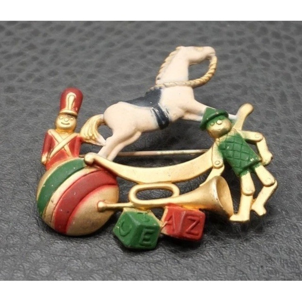 AJC Vintage Christmas Toys Rocking Horse Brooch Pin Holiday